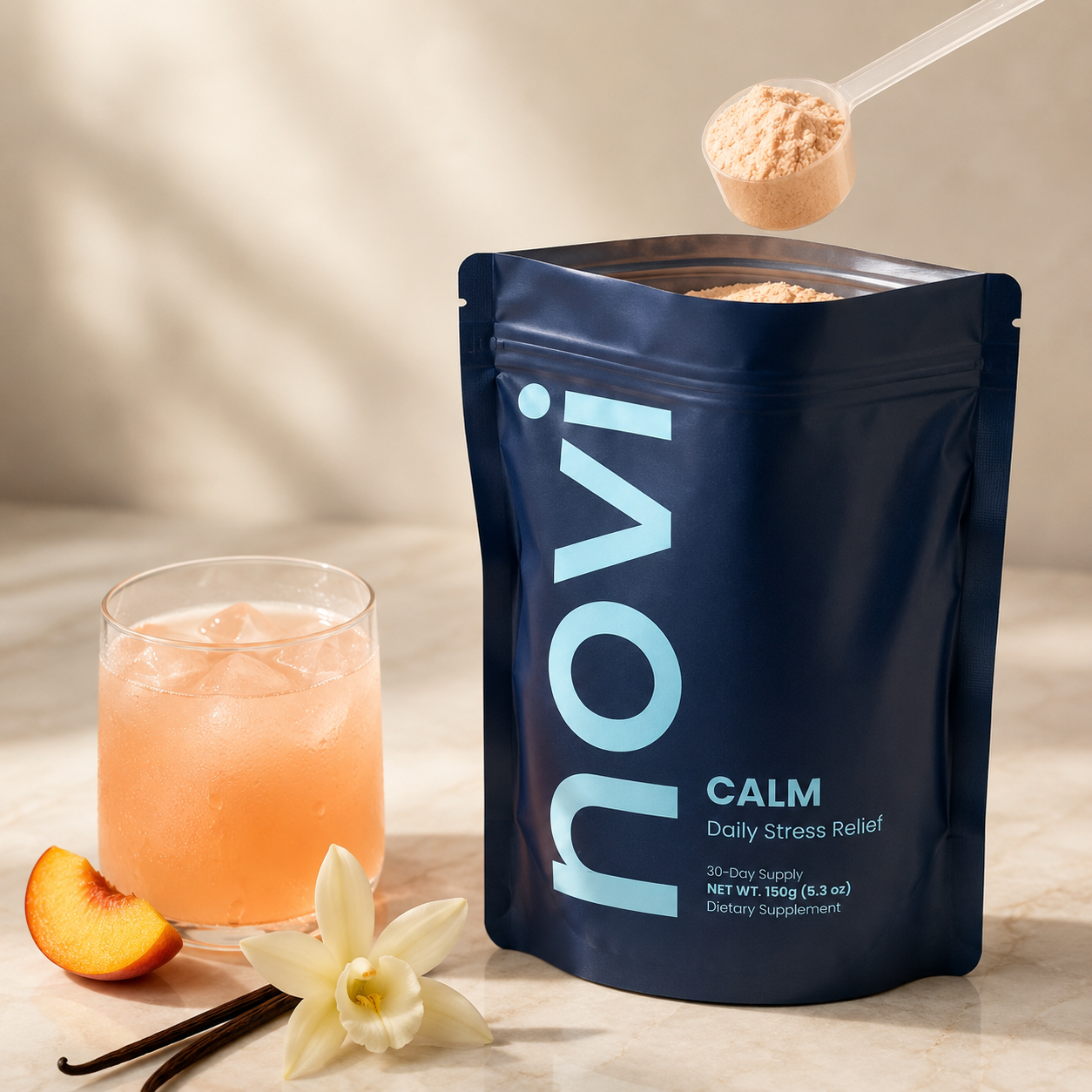 Product photo — peach-vanilla powder scoop